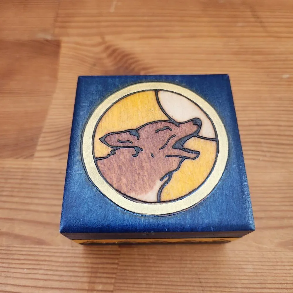 Wooden box by EWB Enchanted World Boxes Etched Wolf Howling Moon Southwestern